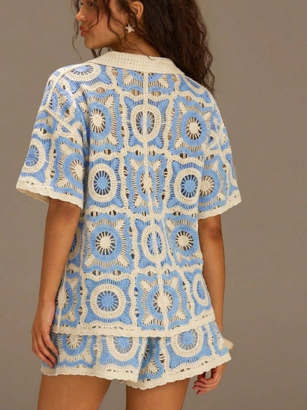 Baby Blue Casual Women's Knitted Short Sleeve Top & Shorts Set - Picture 2 of 6